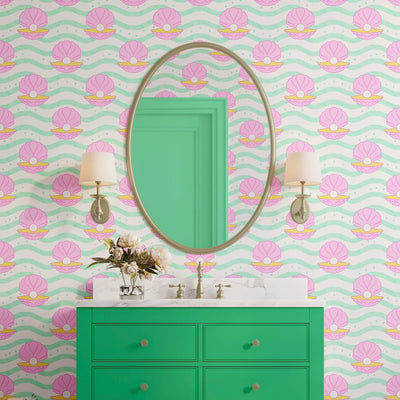 Gems of the Sea Wallpaper in Mint Green, Pink and Yellow - firstorganicbaby