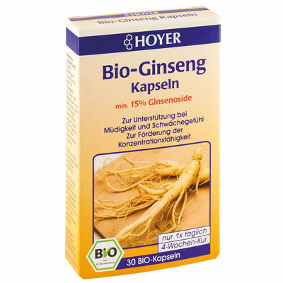 Bio Ginseng capsules min. 15 % ginsenoside to support fatigue & weakness to promote concentration in Asia, the ginseng root is considered the epitome of vitality and health. In Korea it is therefore also called "root of life". The Hoyer Bio Ginseng capsules contain ginsenosides in the high concentration of min. 15 %, which serve to support fatigue and weakness and to promote performance and concentration.