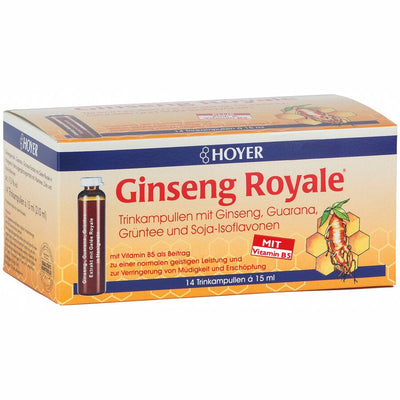 Ginseng Royale drinking ampouling cure Vital substance complex Zink helps to protect the cells from oxidative stress Vitamin B5 supports a normal mental performance vitamin C to reduce fatigue and exhaustion during great stress ginseng gains ginseng royal swing and fresh vigor for every day. In everyday life, at work, in leisure time - for professionals as well as for students, housewives and seniors.