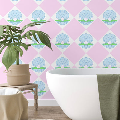 Grande Shell Wallpaper in Soft  Pink and Moss Green | Pink, Blue and Green Shell wallpaper - firstorganicbaby