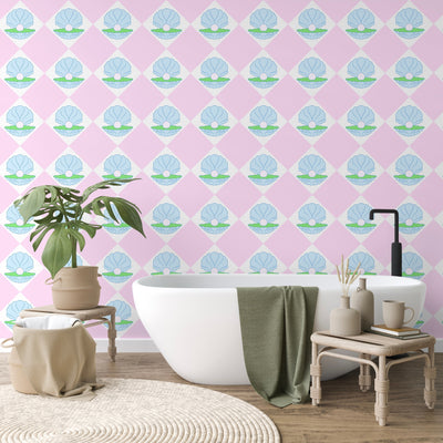 Grande Shell Wallpaper in Soft  Pink and Moss Green | Pink, Blue and Green Shell wallpaper - firstorganicbaby