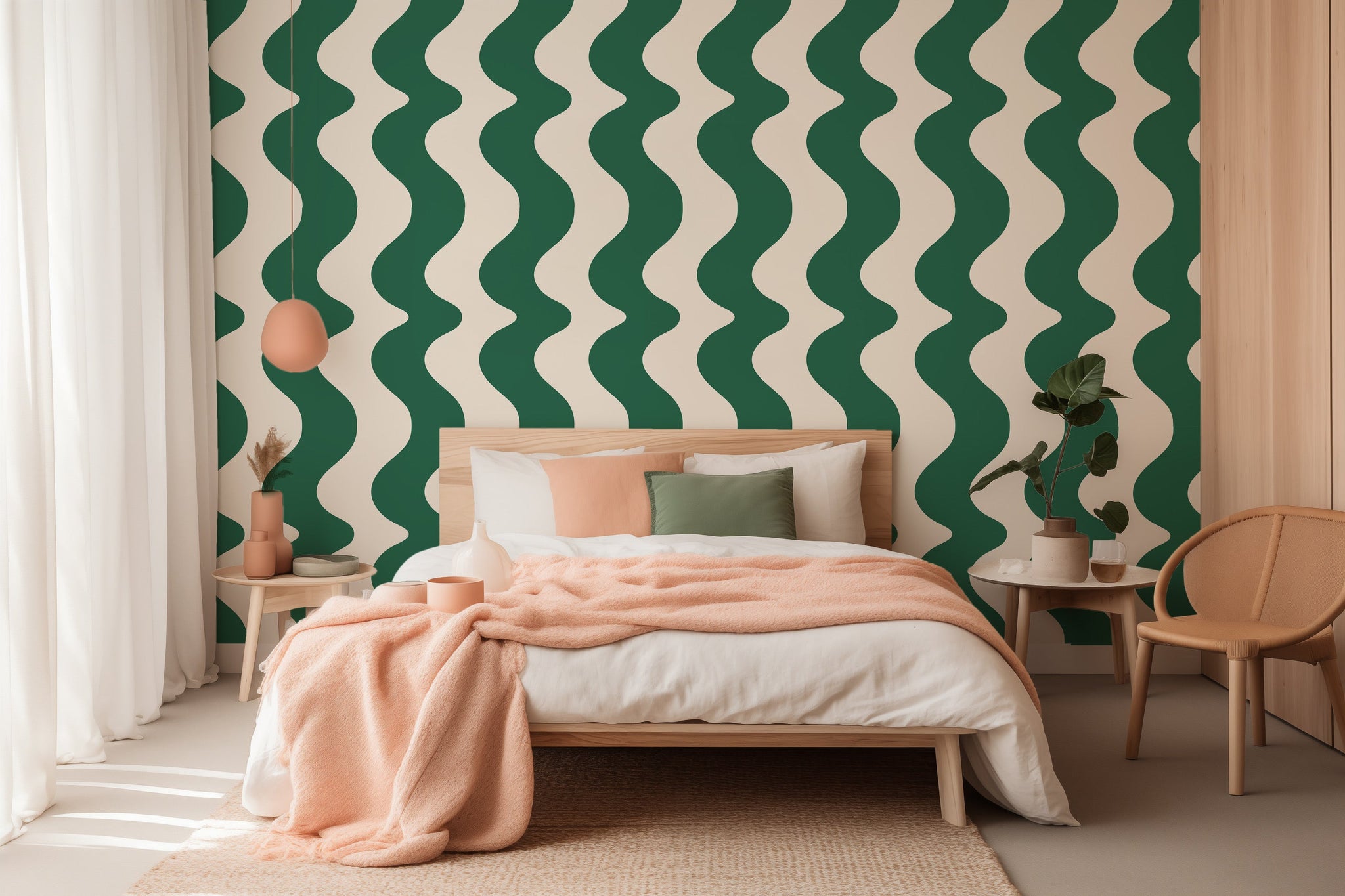 On The Same Wavelength Wallpaper in Forest Green | Wavy wallpaper in forest green colour - firstorganicbaby