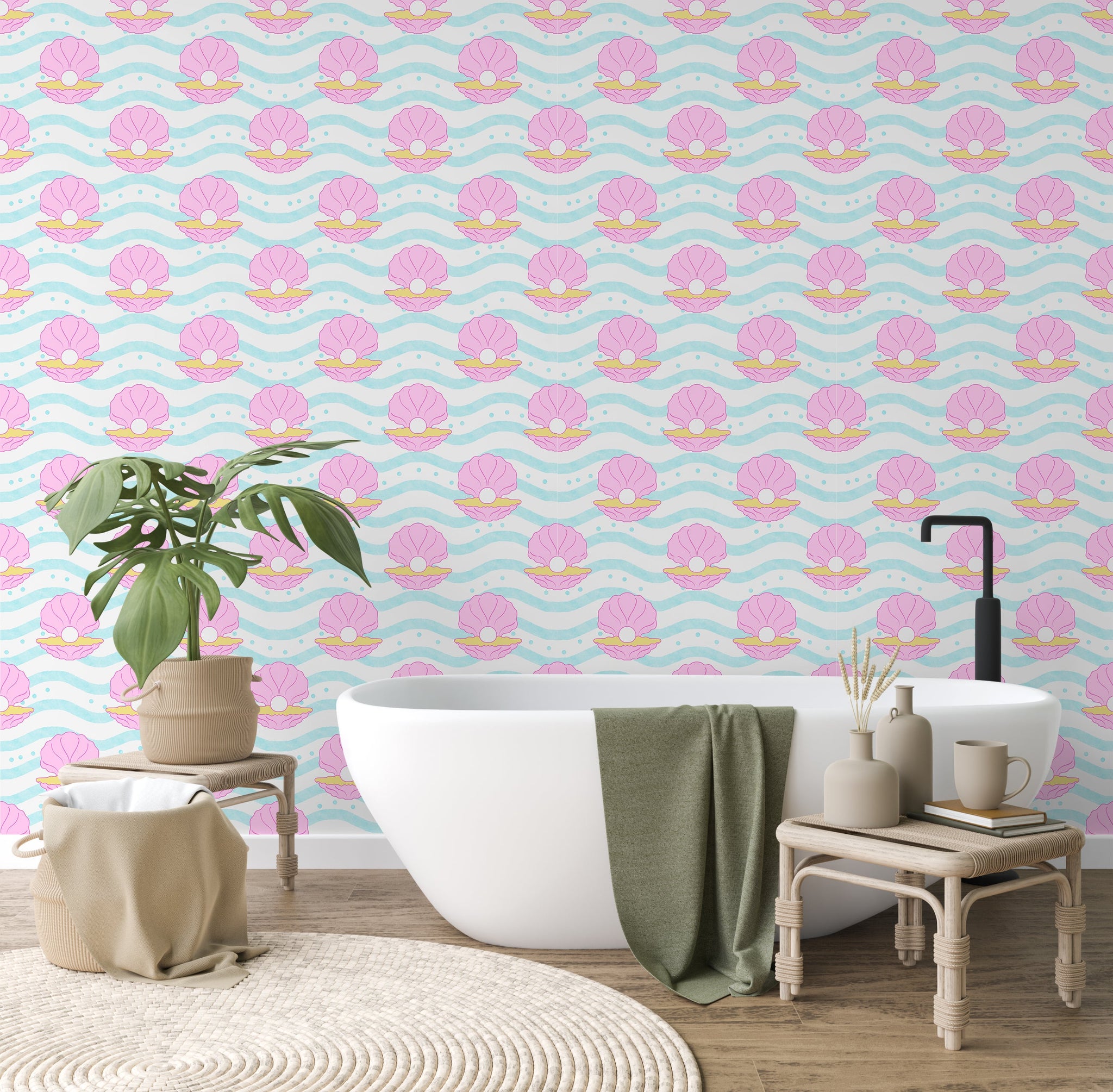 Gems of the Sea Wallpaper in Calm Blue, Pink and Yellow - firstorganicbaby