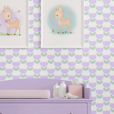 Marta’s Tulips Wallpaper in Lavender and Pistachio - firstorganicbaby