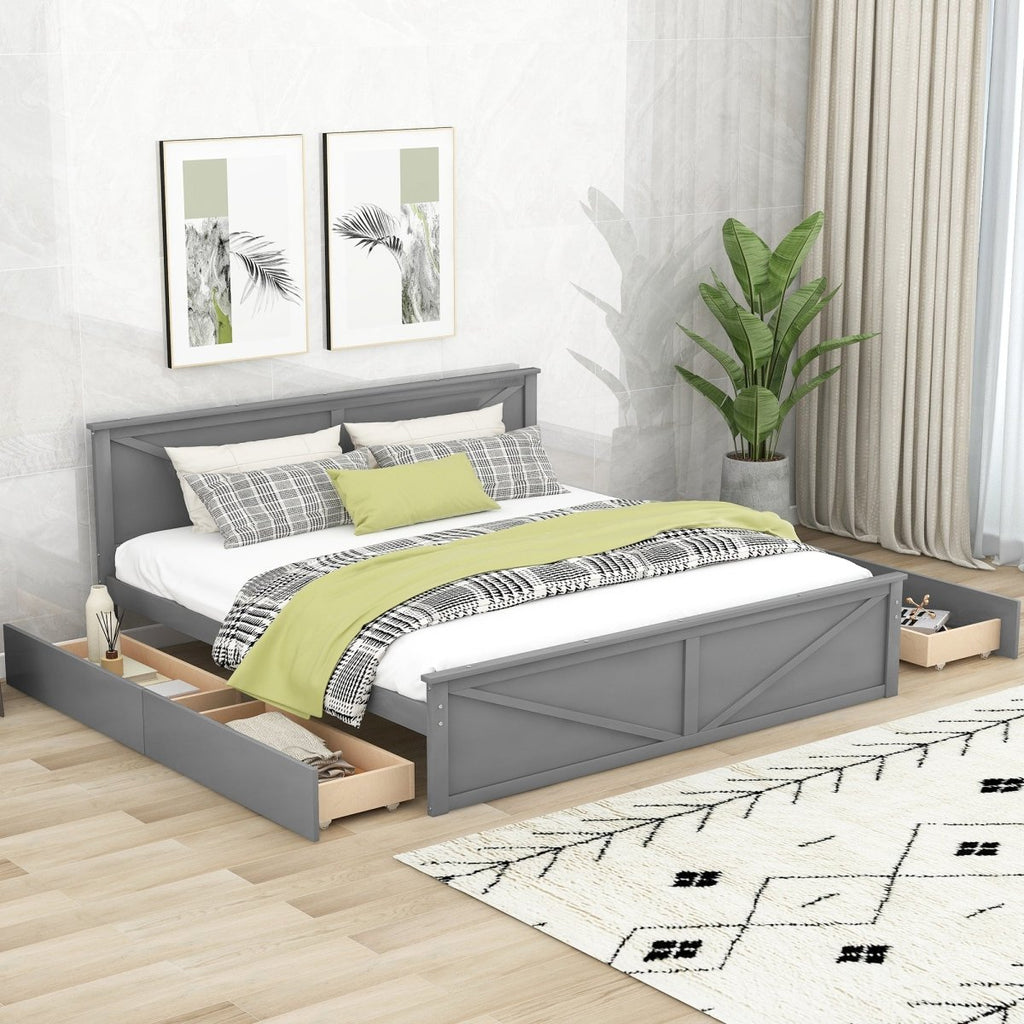King Size Wooden Platform Bed with Four Storage Drawers and Support Legs, Gray - firstorganicbaby