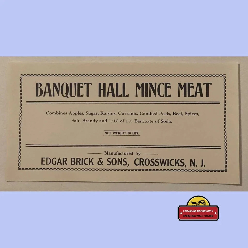 Rare 1910s Large Antique Vintage Banquet Hall Mince Meat Label