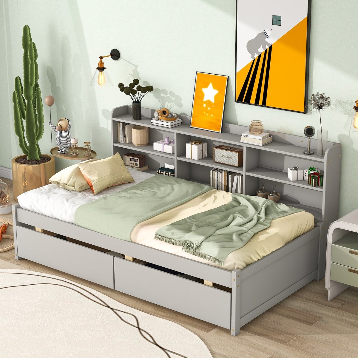 Twin Bed with Side Bookcase, Drawers ,Gray - firstorganicbaby