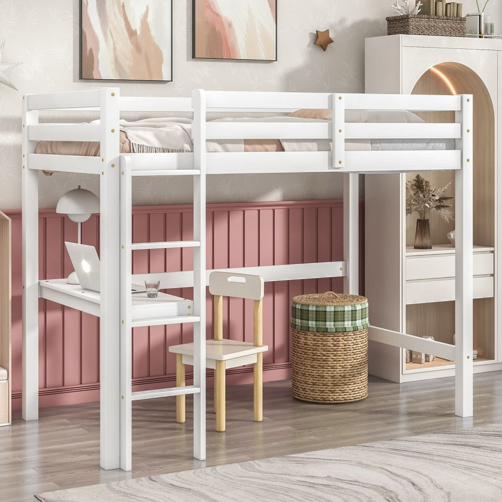 Twin Loft Bed with  built-in desk,White - firstorganicbaby