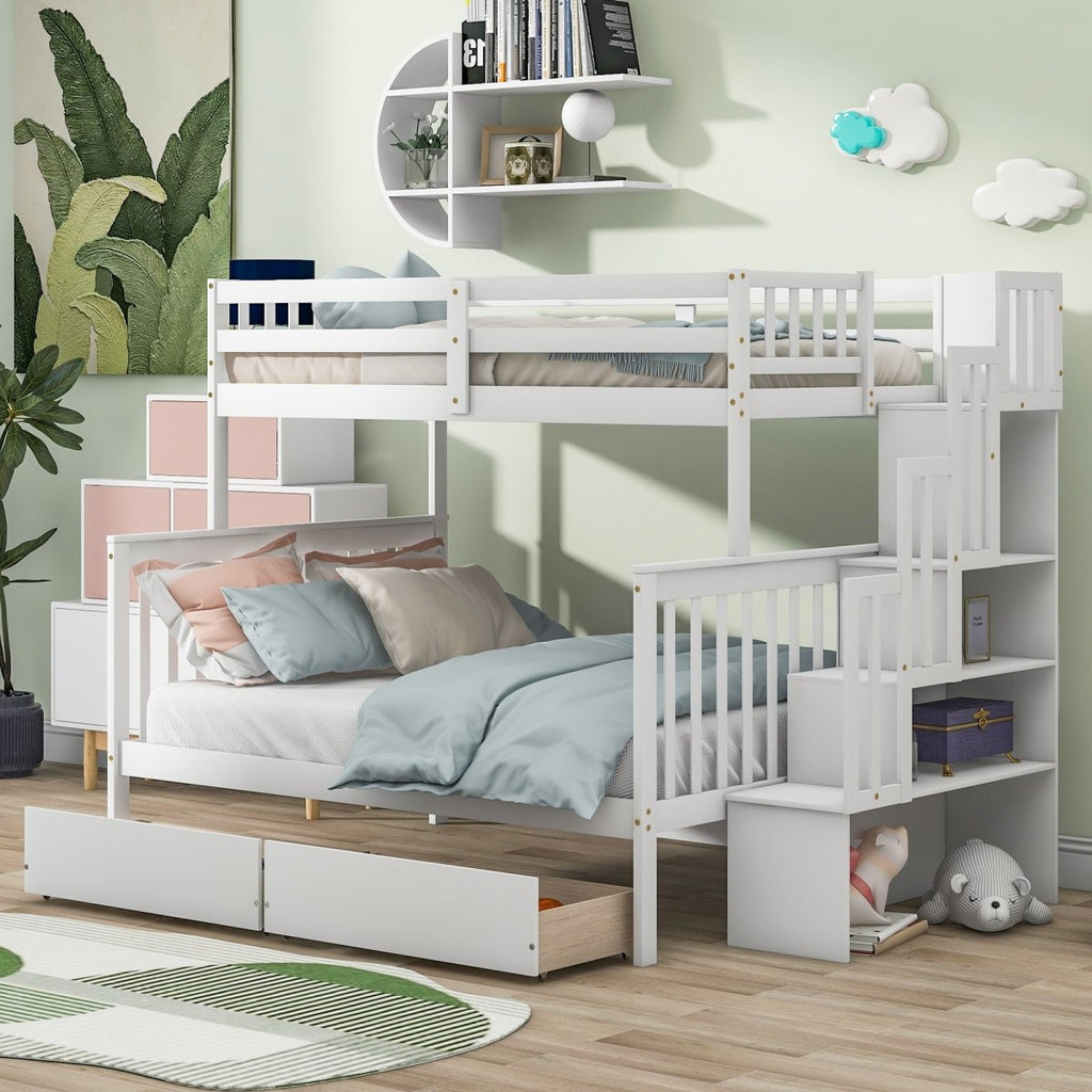 Twin Over Full Bunk Bed with 2 Drawers and Staircases, Convertible into 2 Beds, the Bunk Bed with Staircase and Safety Rails for Kids, Teens, Adults, White - firstorganicbaby
