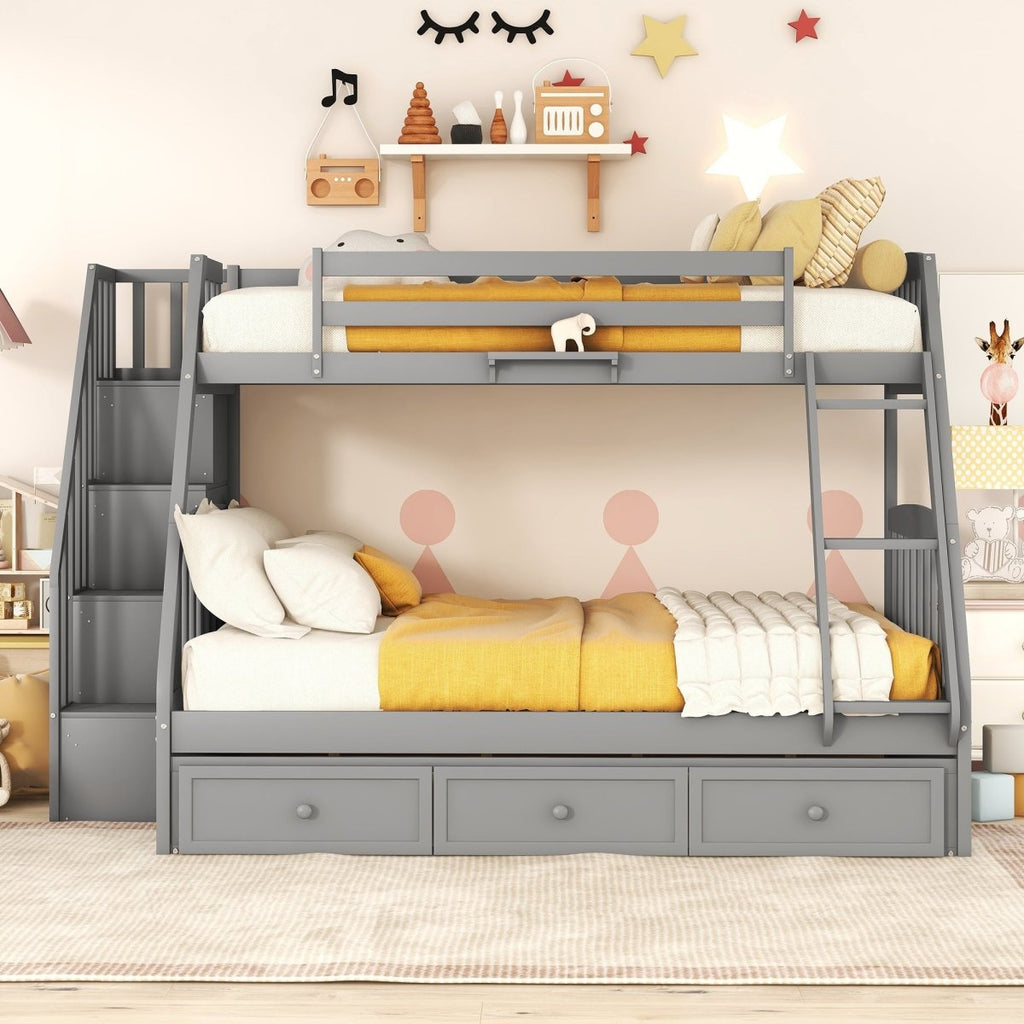Twin-Over-Full Bunk Bed with Drawers，Ladder and Storage Staircase, Gray - firstorganicbaby