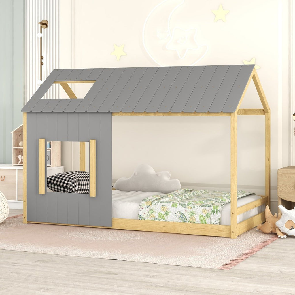 Twin Size House Bed with Roof and Window - Gray+Natural - firstorganicbaby