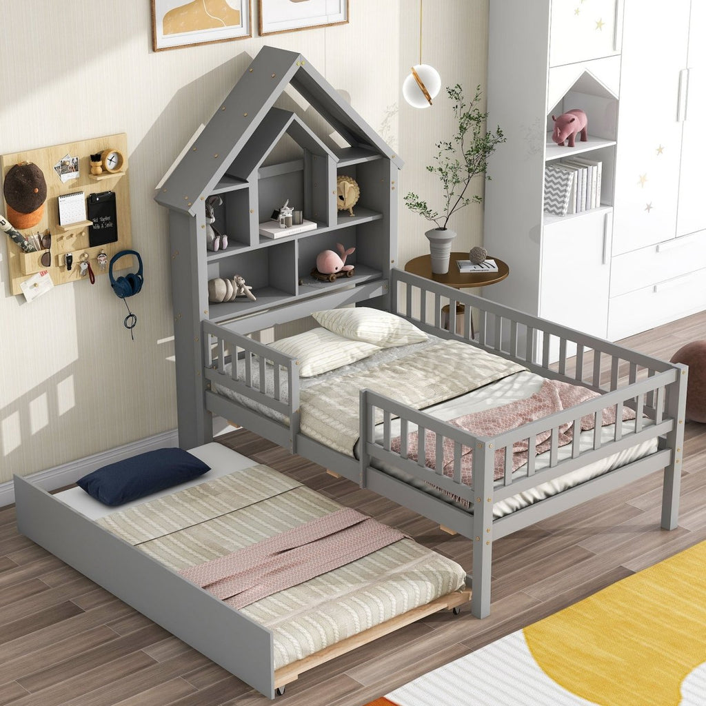 Twin Size House-Shaped Headboard with Fence Guardrails and Trundle ,Gray - firstorganicbaby