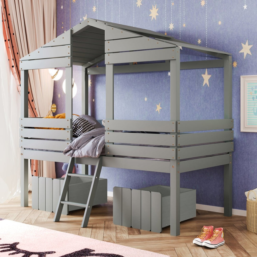 Twin Size Low Loft Wood House Bed with Two Drawers, Gray - firstorganicbaby