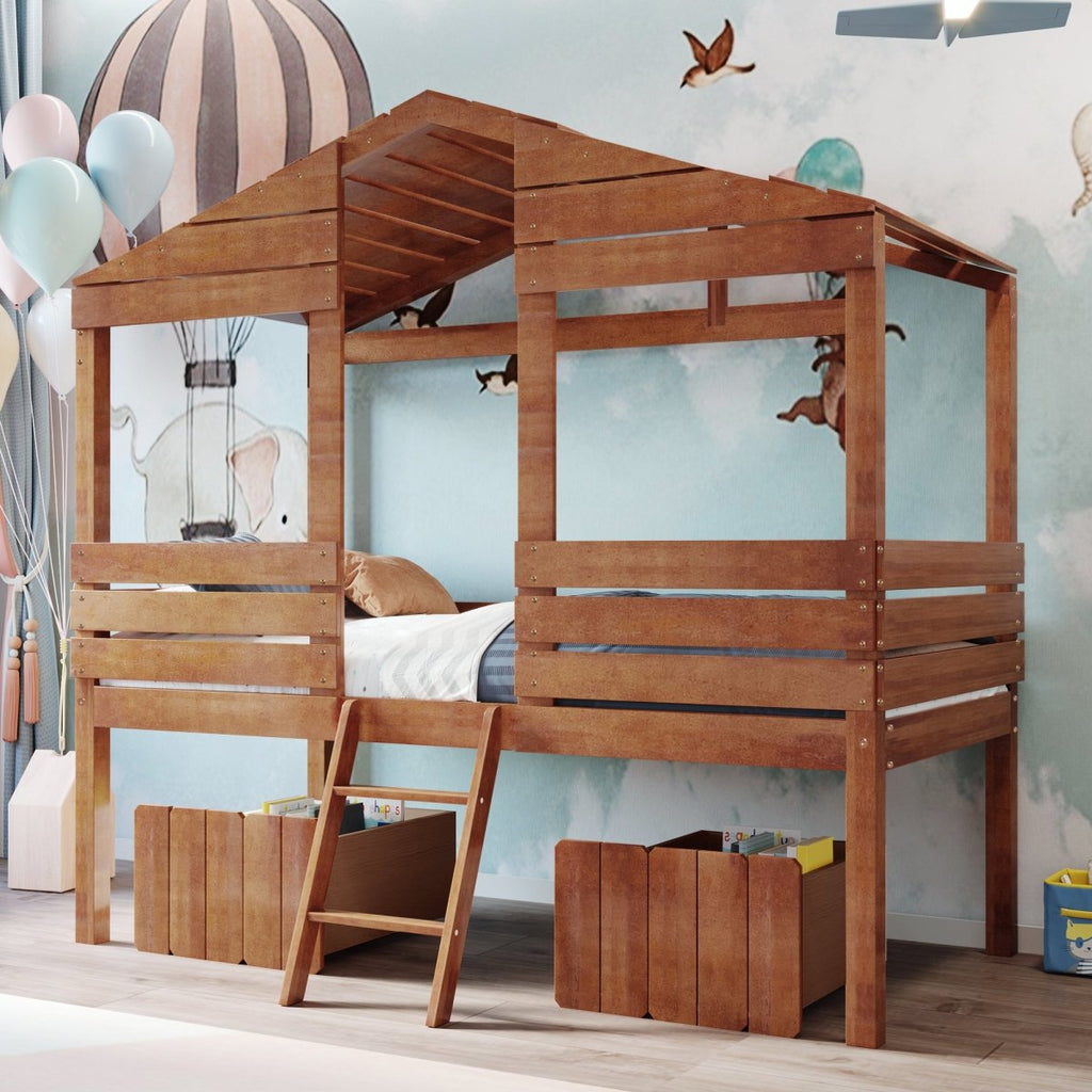 Twin Size Low Loft Wood House Bed with Two Drawers, Walnut - firstorganicbaby