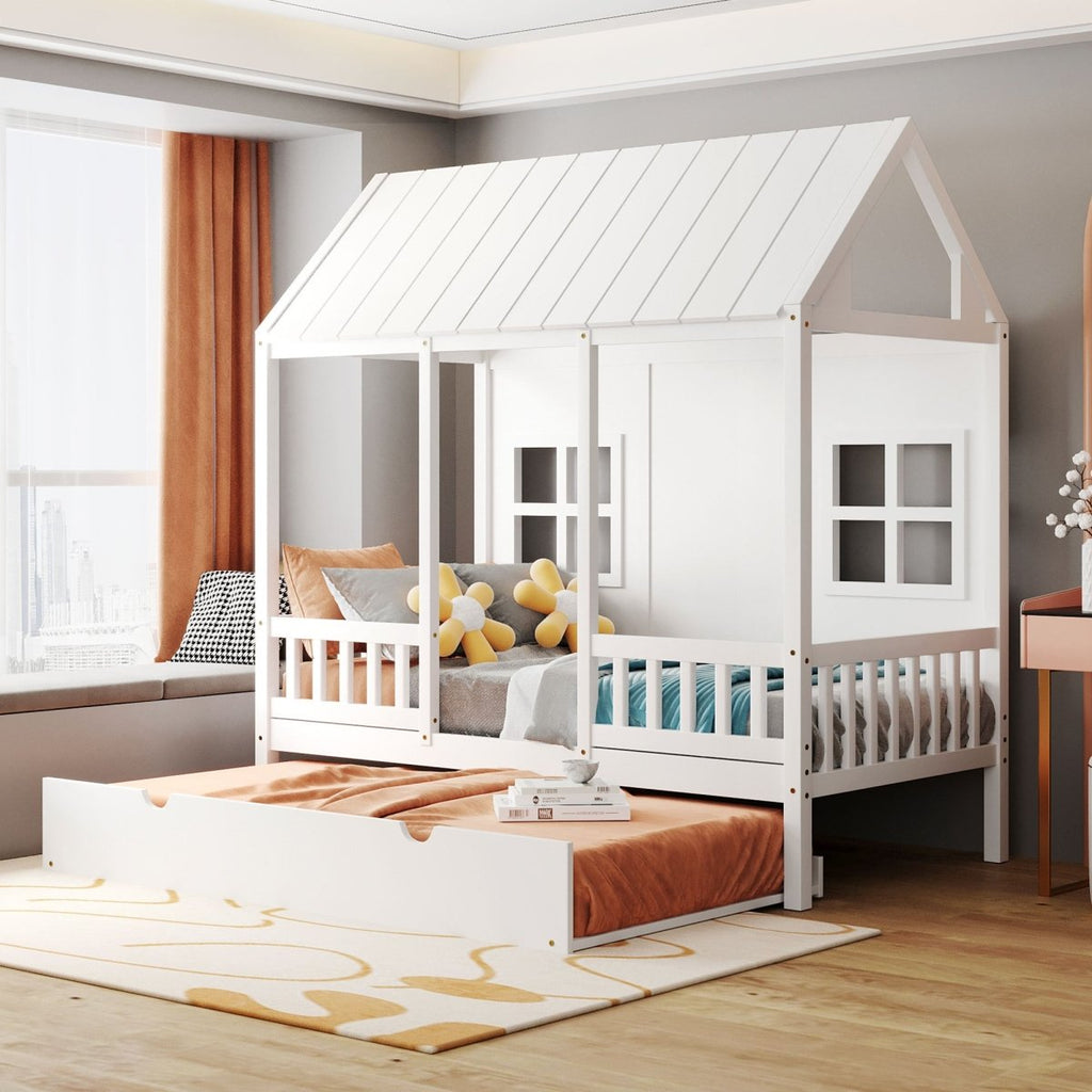 Twin Size Wood House Bed With Twin Size Trundle, Wooden Daybed, White - firstorganicbaby